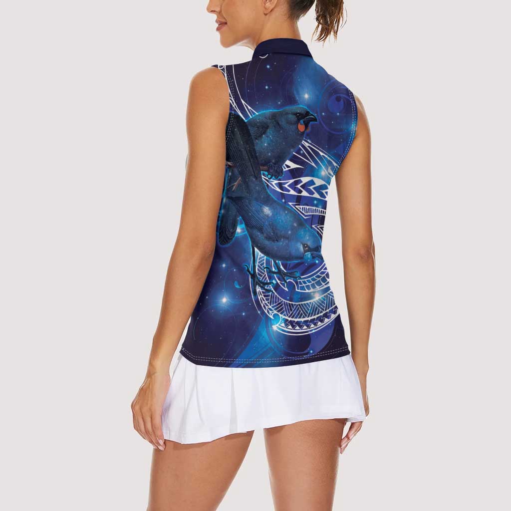 North Island Kokako and South Island Kokako Women Sleeveless Polo Shirt New Zealand Native Bird with Galaxy Vibe