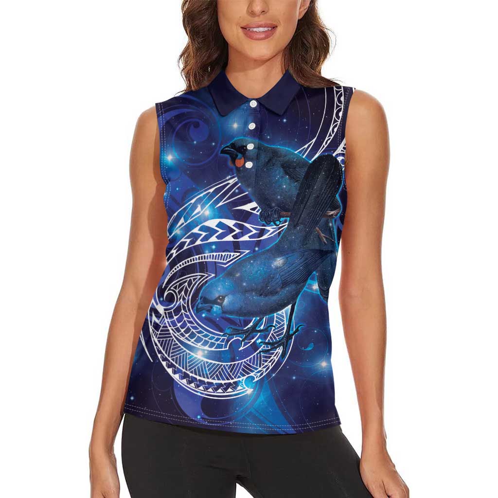 North Island Kokako and South Island Kokako Women Sleeveless Polo Shirt New Zealand Native Bird with Galaxy Vibe