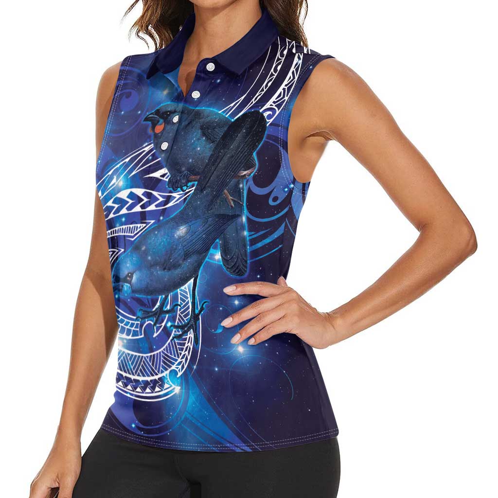 North Island Kokako and South Island Kokako Women Sleeveless Polo Shirt New Zealand Native Bird with Galaxy Vibe