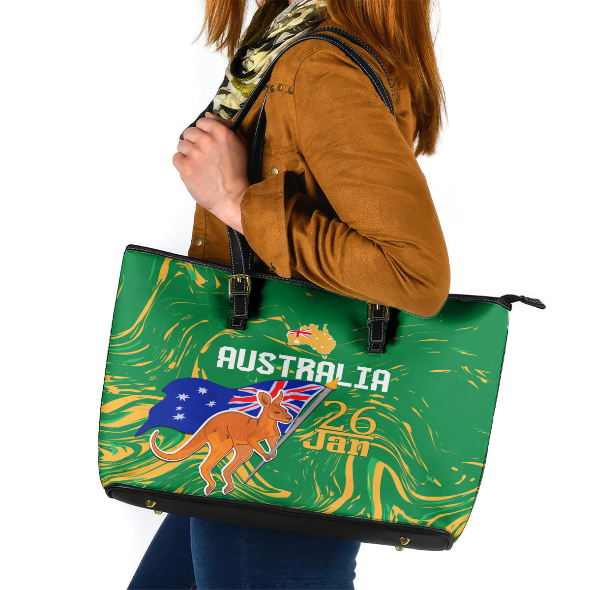 Proud To Be Australia Day Leather Tote Bag Kangaroo with National Color