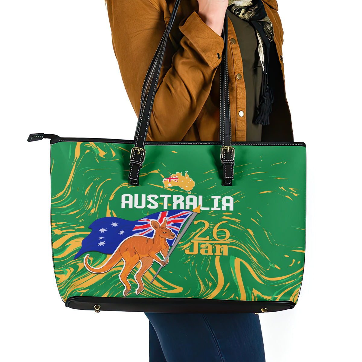 Proud To Be Australia Day Leather Tote Bag Kangaroo with National Color