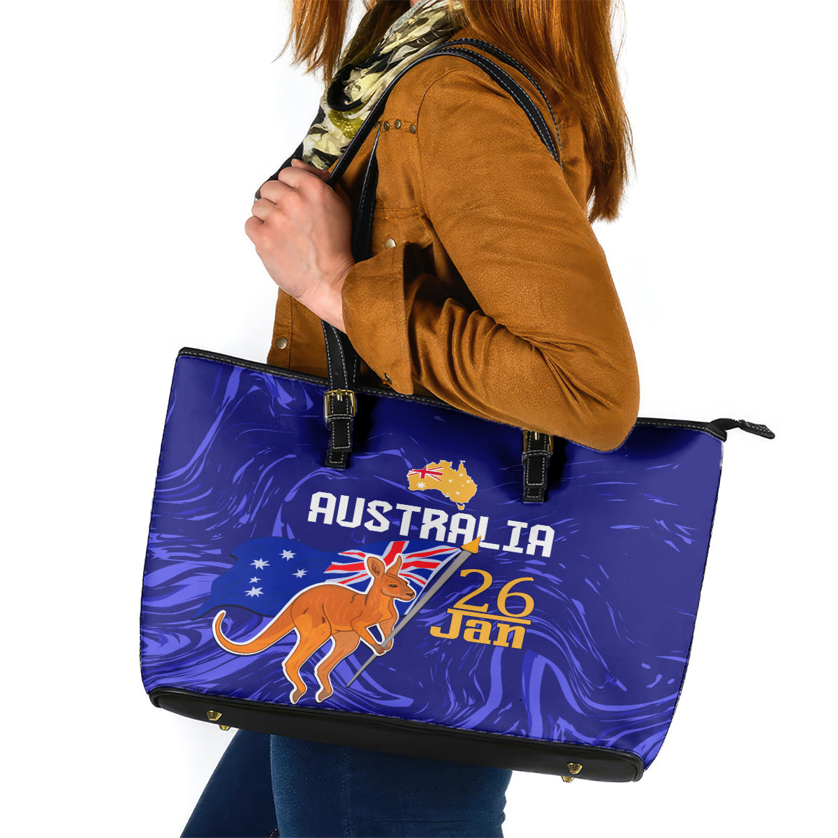 Proud To Be Australia Day Leather Tote Bag Kangaroo with Flag Color