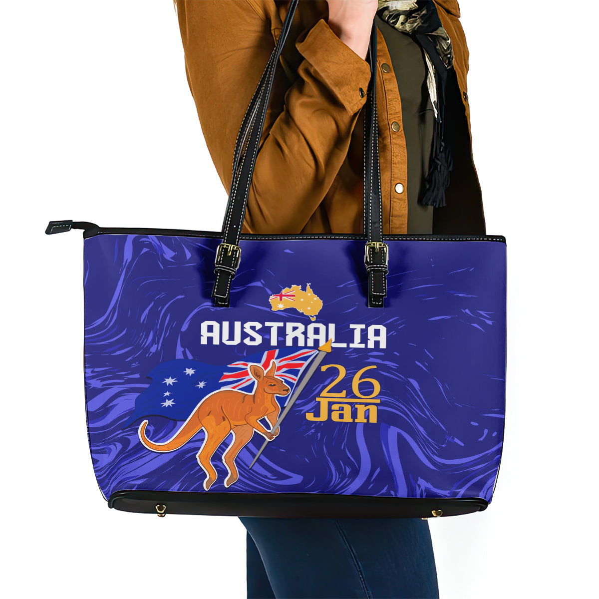 Proud To Be Australia Day Leather Tote Bag Kangaroo with Flag Color