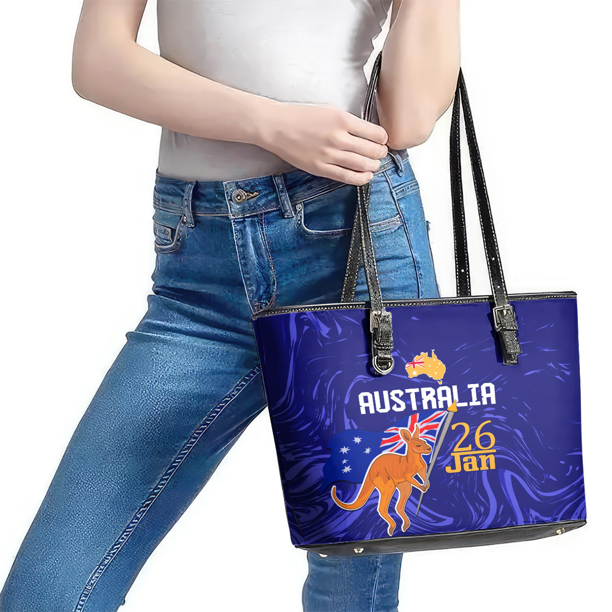 Proud To Be Australia Day Leather Tote Bag Kangaroo with Flag Color