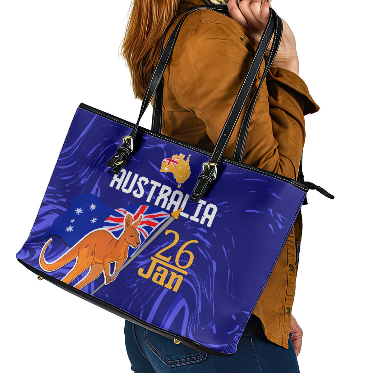 Proud To Be Australia Day Leather Tote Bag Kangaroo with Flag Color