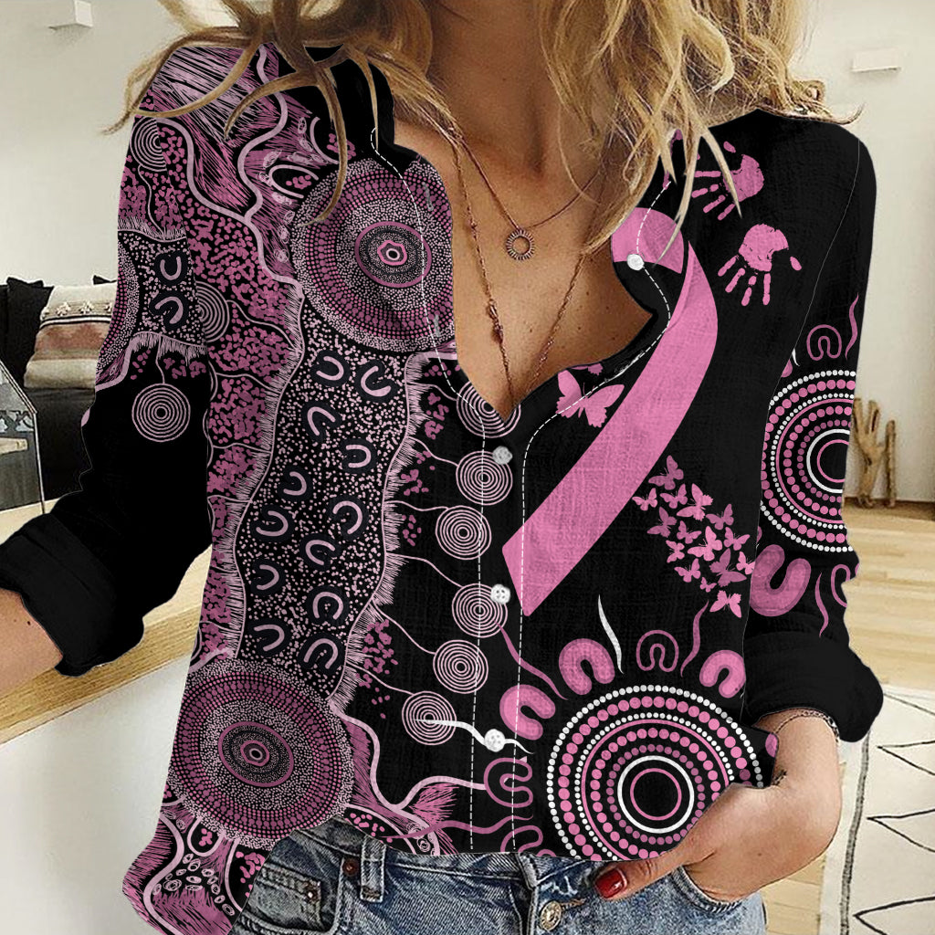 Personalised Aboriginal Ribbons Women Casual Shirt Beautiful Butterflies Breast Cancer Awareness