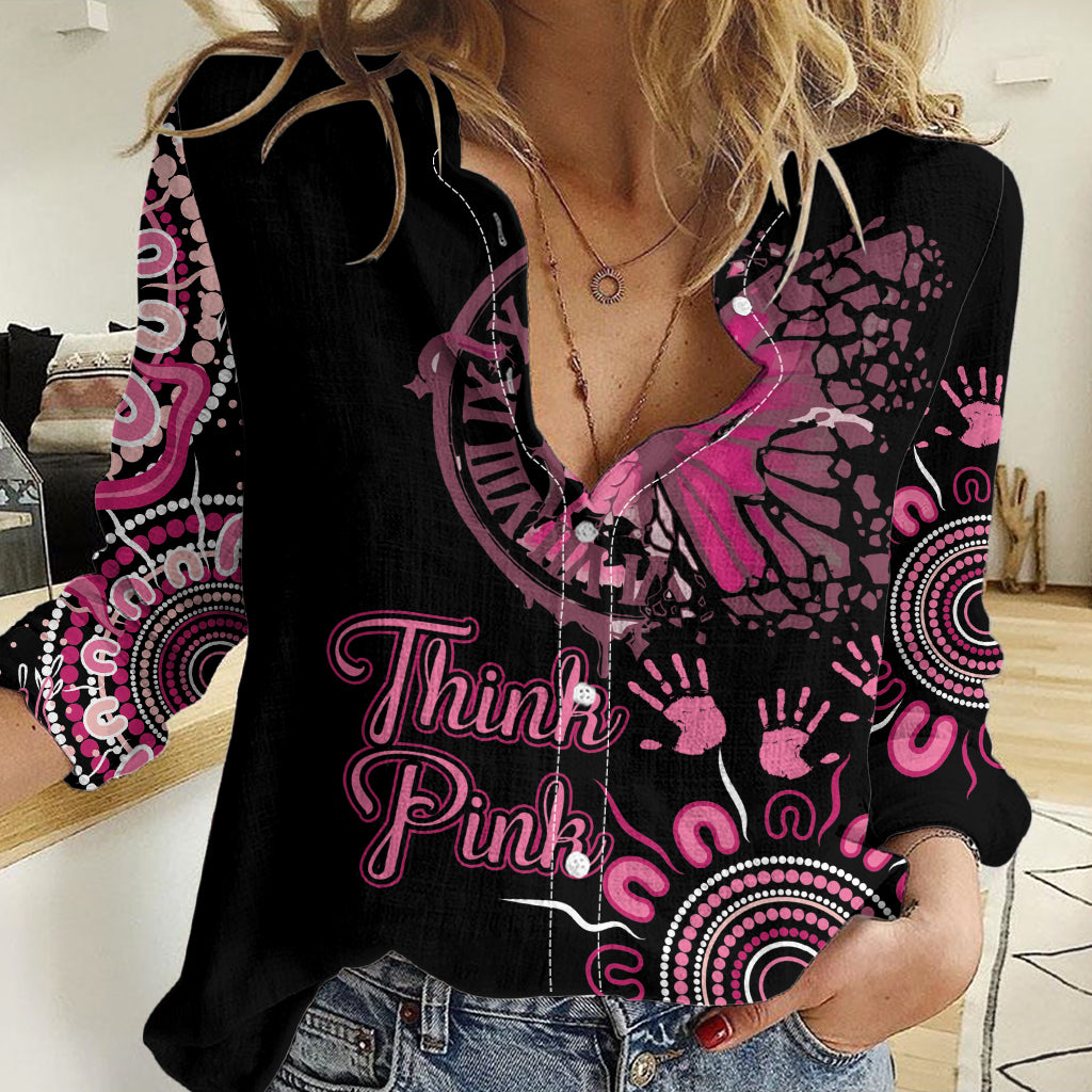 Personalised Aboriginal Ribbons Women Casual Shirt Think Pink Butterfly Art Wall Clock Breast Cancer