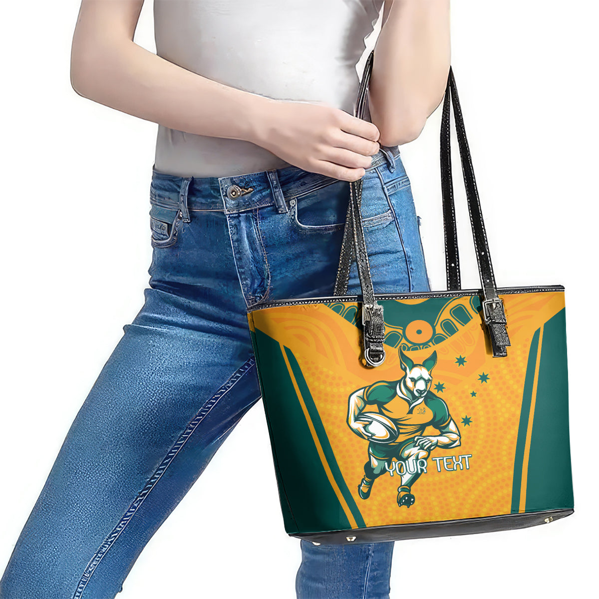 Custom Australia Rugby Leather Tote Bag Wallabies Mascots Sporty Version