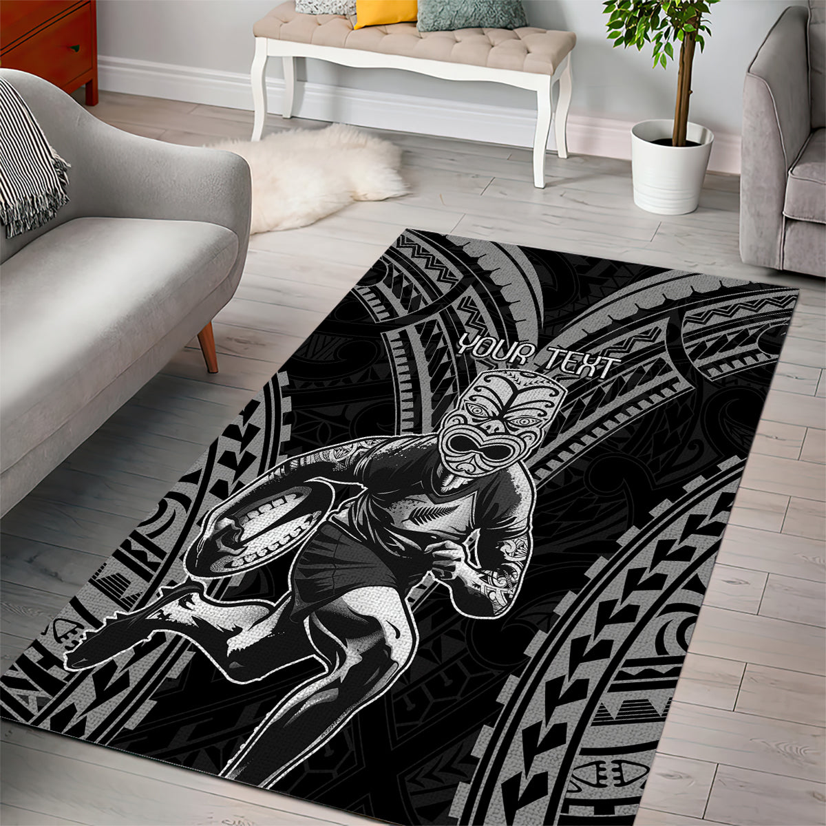 Custom New Zealand Rugby Area Rug Maori All Black Warrior Tribal Tattoo