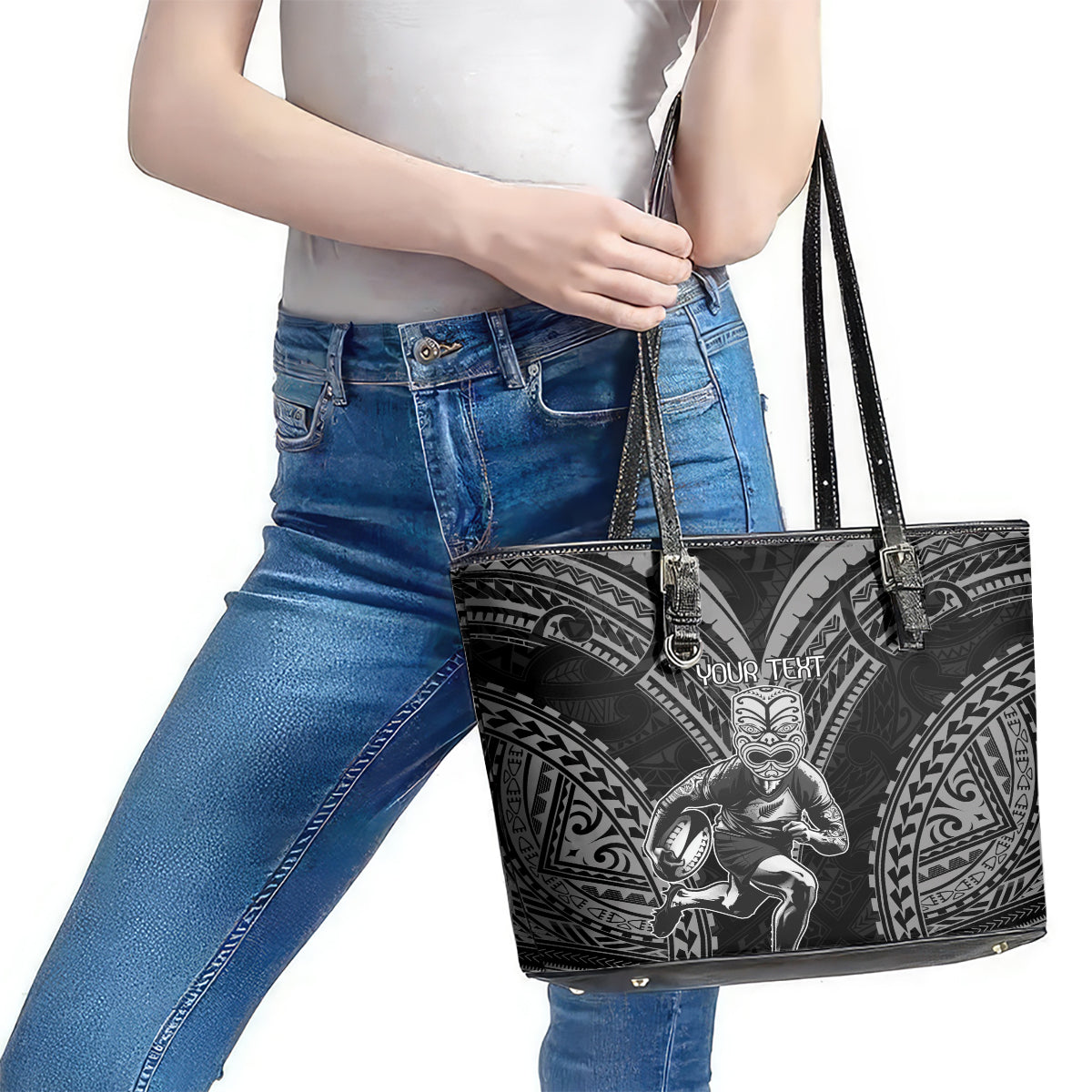 Custom New Zealand Rugby Leather Tote Bag Maori All Black Warrior Tribal Tattoo