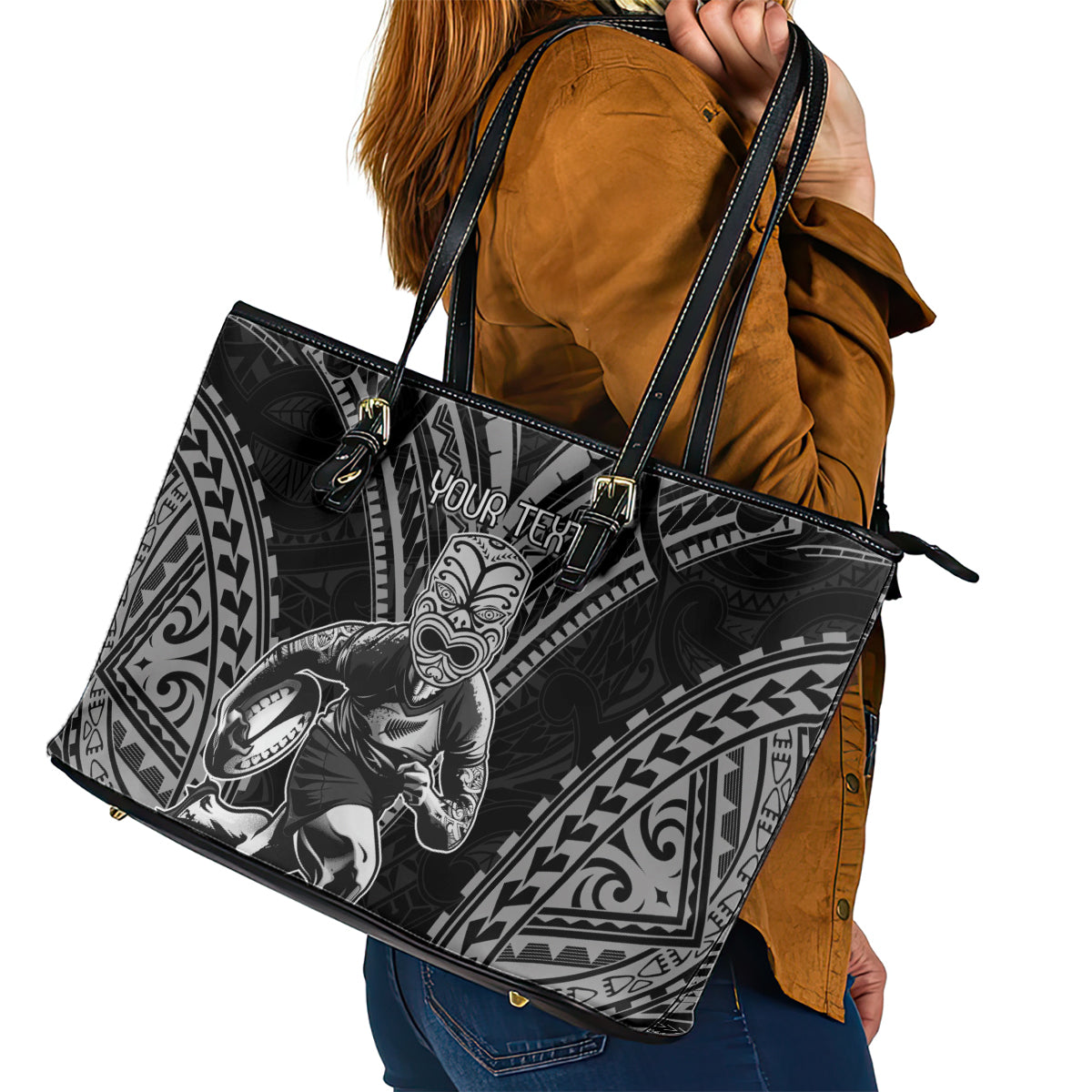 Custom New Zealand Rugby Leather Tote Bag Maori All Black Warrior Tribal Tattoo