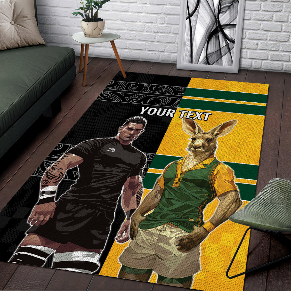 Custom New Zealand and Australia Rugby Area Rug Kangroo and Maori Warrior Together