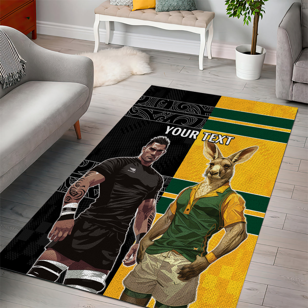 Custom New Zealand and Australia Rugby Area Rug Kangroo and Maori Warrior Together