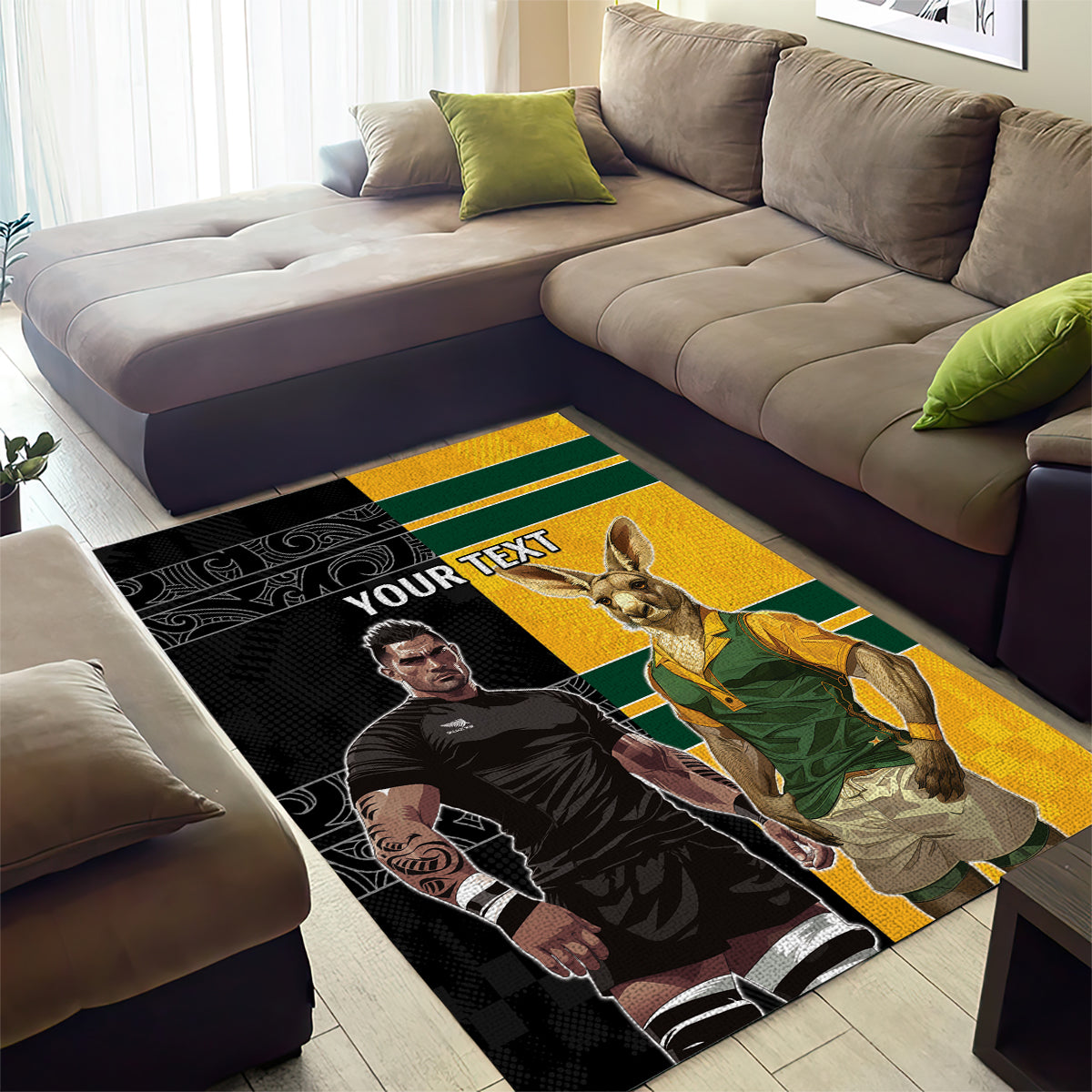 Custom New Zealand and Australia Rugby Area Rug Kangroo and Maori Warrior Together