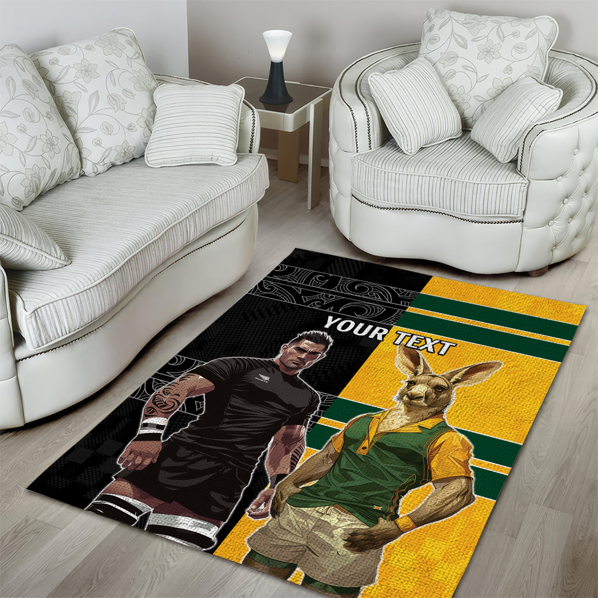 Custom New Zealand and Australia Rugby Area Rug Kangroo and Maori Warrior Together