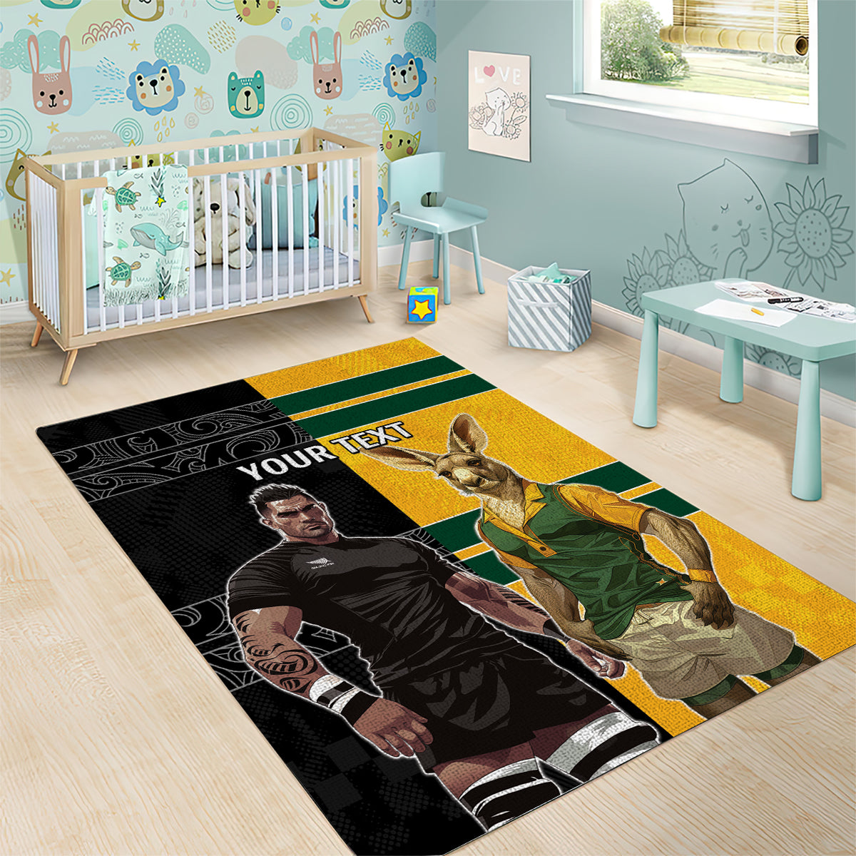 Custom New Zealand and Australia Rugby Area Rug Kangroo and Maori Warrior Together