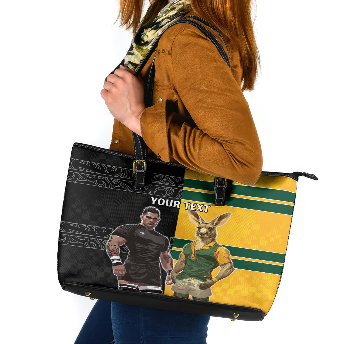 Custom New Zealand and Australia Rugby Leather Tote Bag Kangroo and Maori Warrior Together