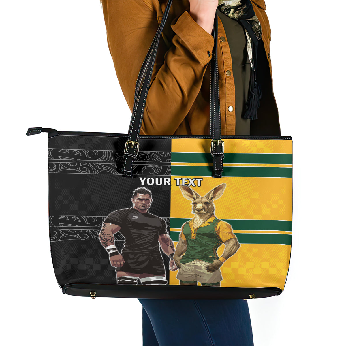 Custom New Zealand and Australia Rugby Leather Tote Bag Kangroo and Maori Warrior Together