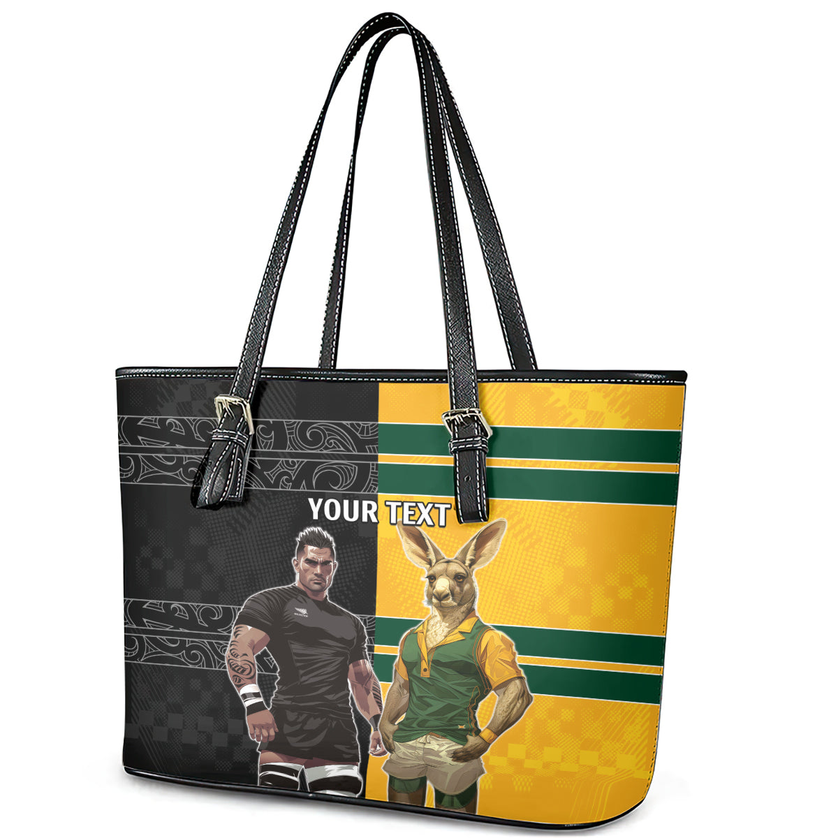 Custom New Zealand and Australia Rugby Leather Tote Bag Kangroo and Maori Warrior Together