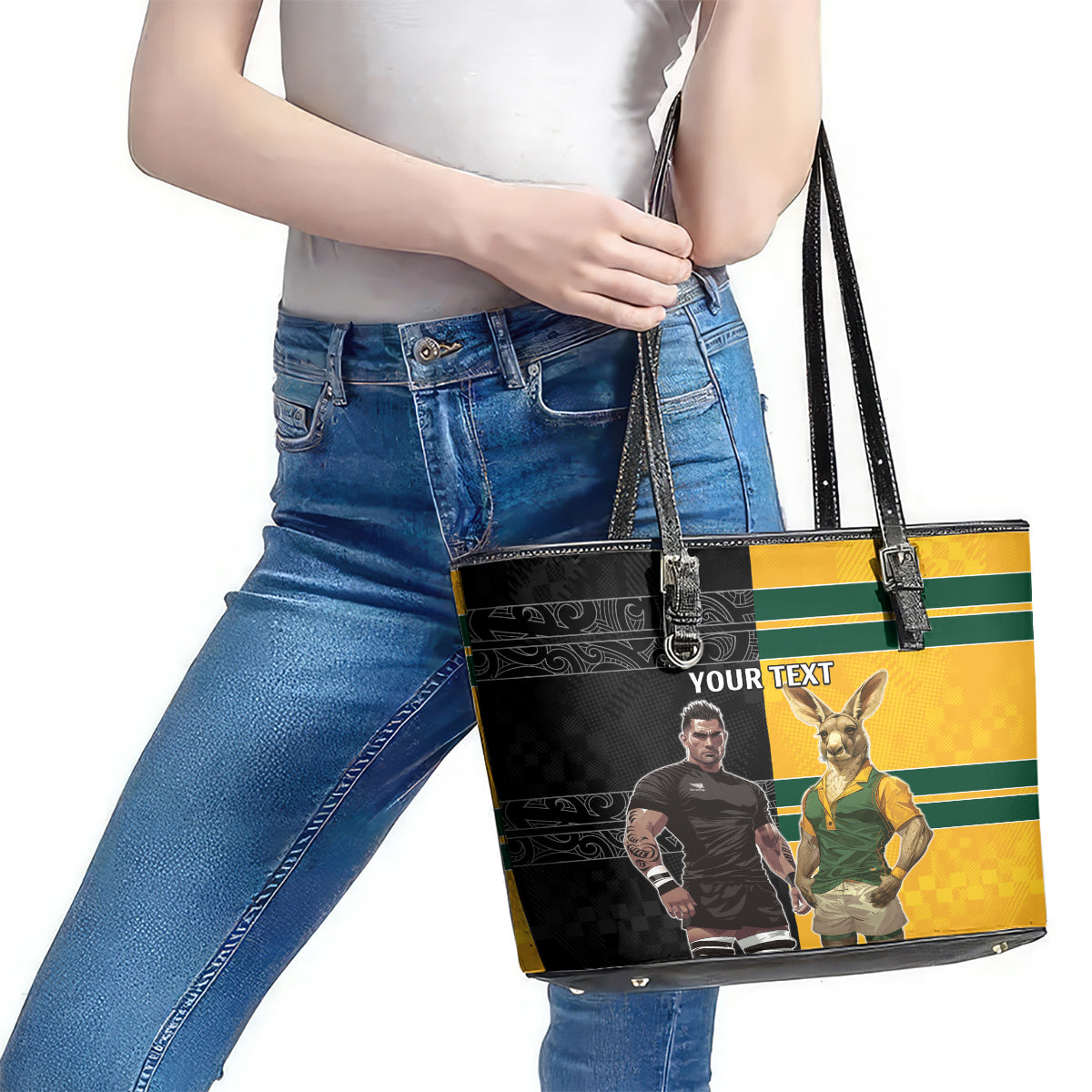 Custom New Zealand and Australia Rugby Leather Tote Bag Kangroo and Maori Warrior Together