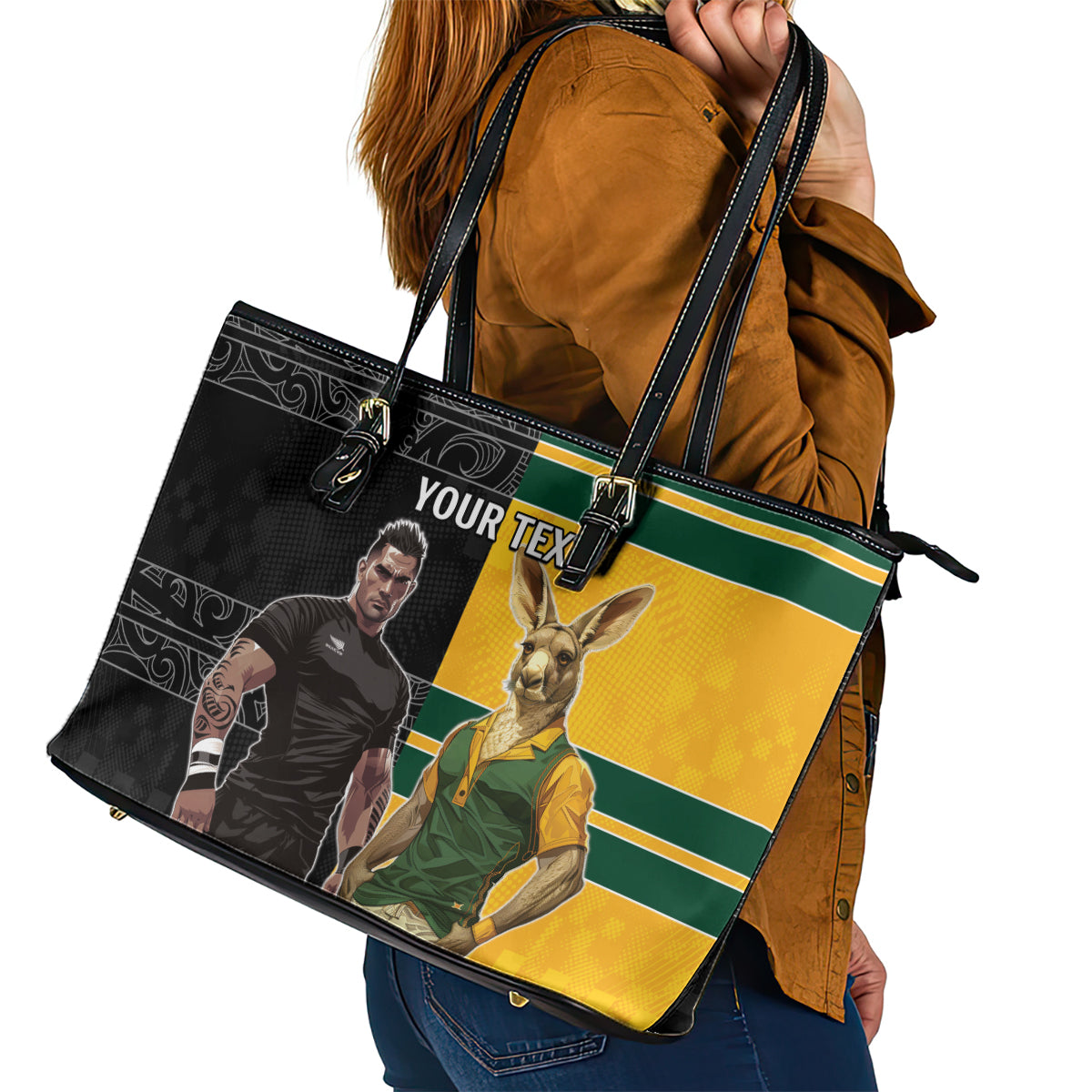 Custom New Zealand and Australia Rugby Leather Tote Bag Kangroo and Maori Warrior Together