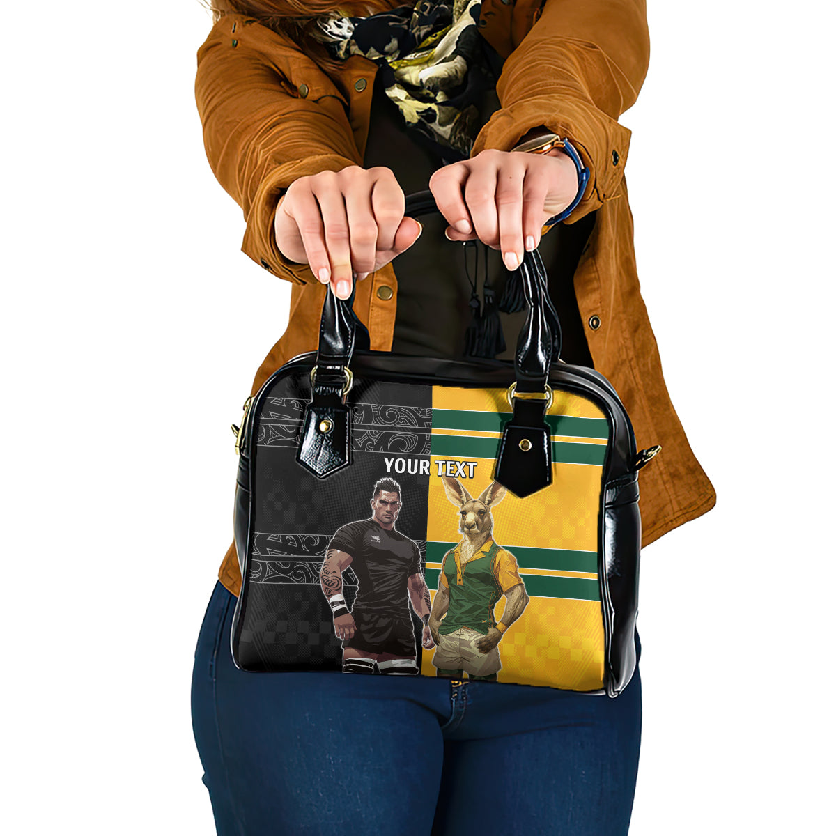 Custom New Zealand and Australia Rugby Shoulder Handbag Kangroo and Maori Warrior Together