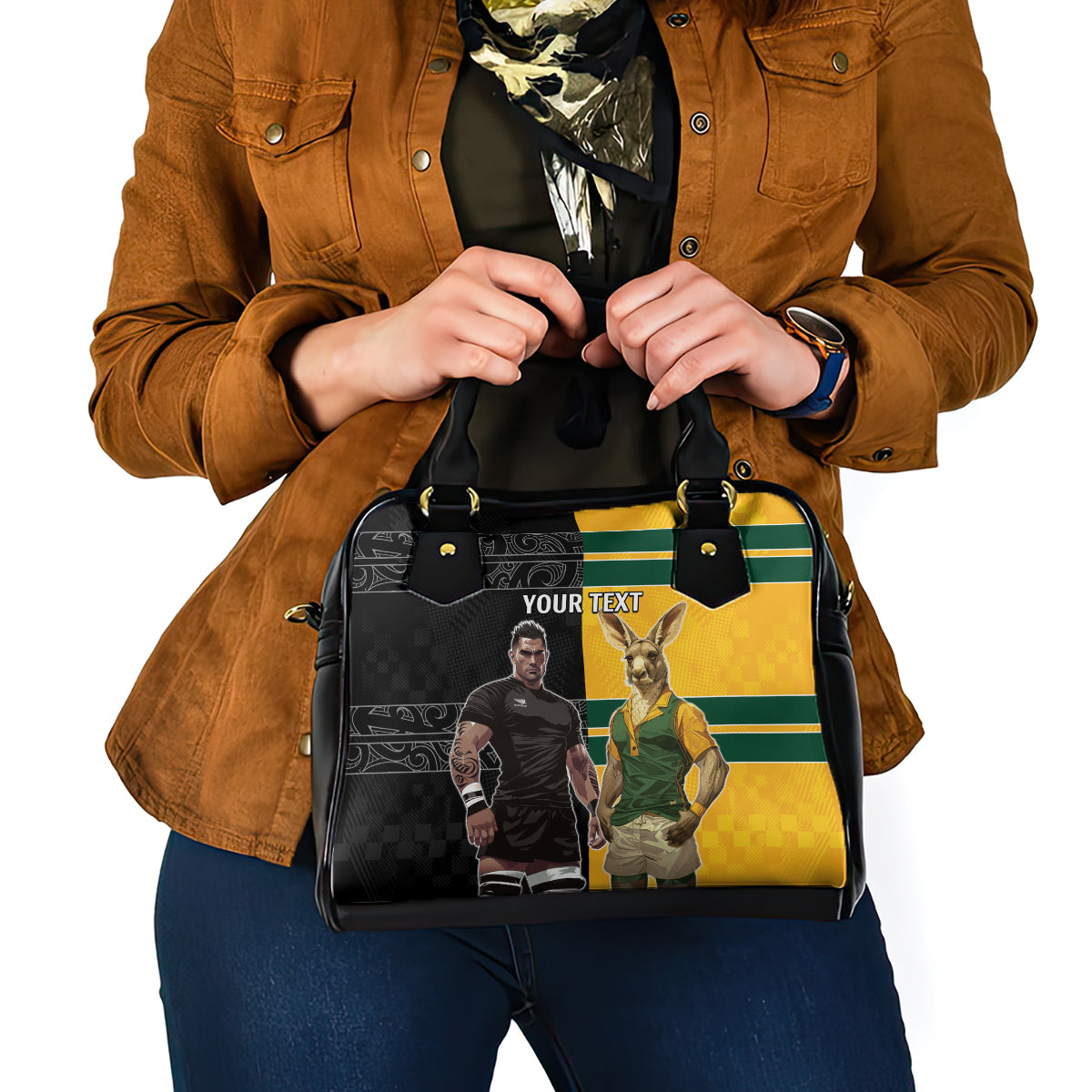 Custom New Zealand and Australia Rugby Shoulder Handbag Kangroo and Maori Warrior Together