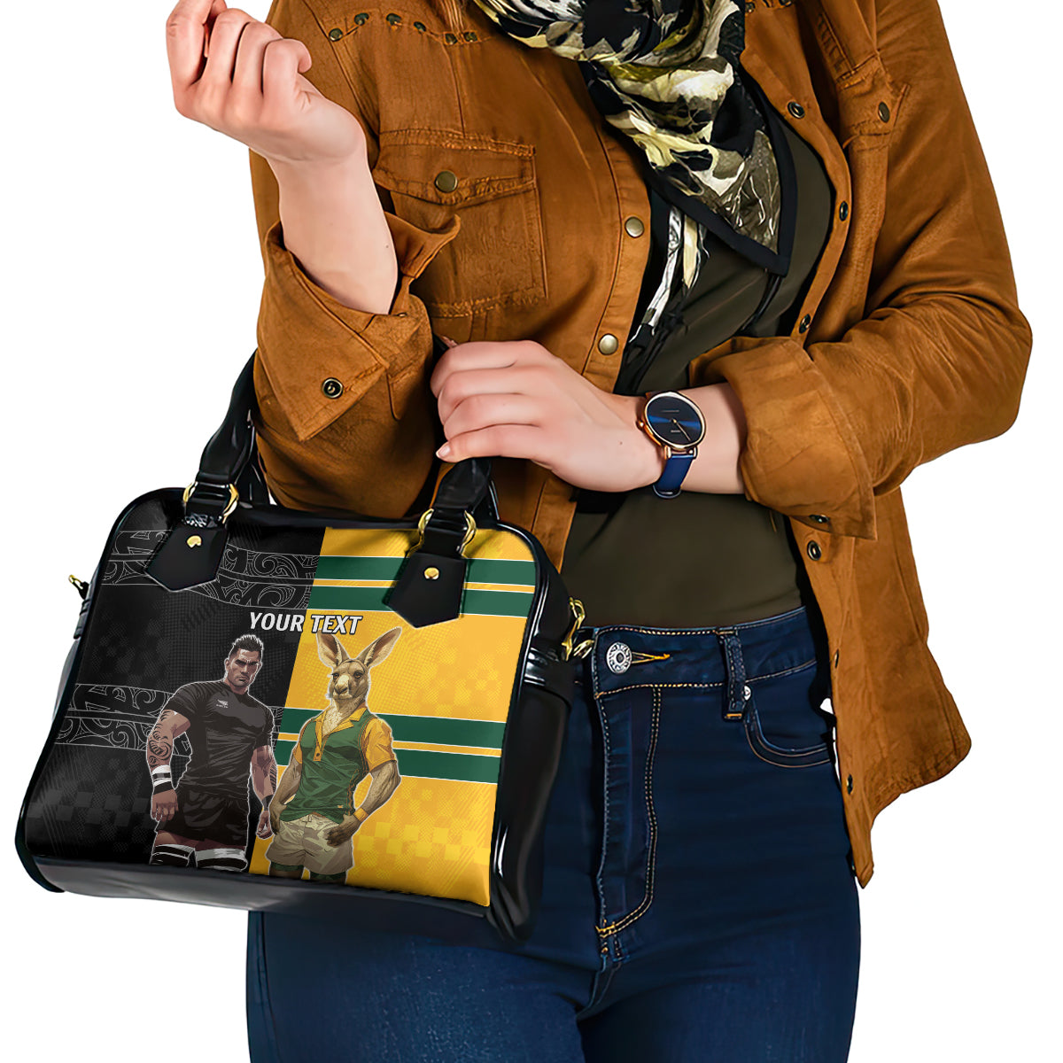 Custom New Zealand and Australia Rugby Shoulder Handbag Kangroo and Maori Warrior Together