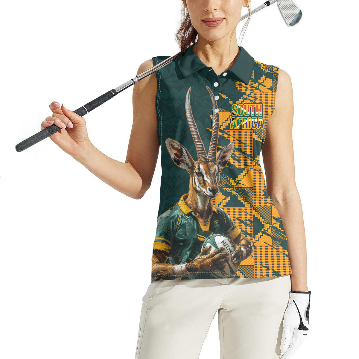 Custom South Africa Rugby Women Sleeveless Polo Shirt The Springboks Mascot Sporty Version