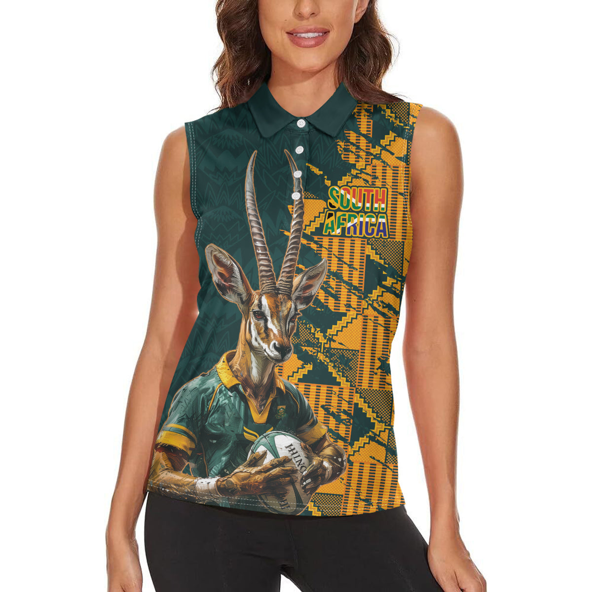 Custom South Africa Rugby Women Sleeveless Polo Shirt The Springboks Mascot Sporty Version