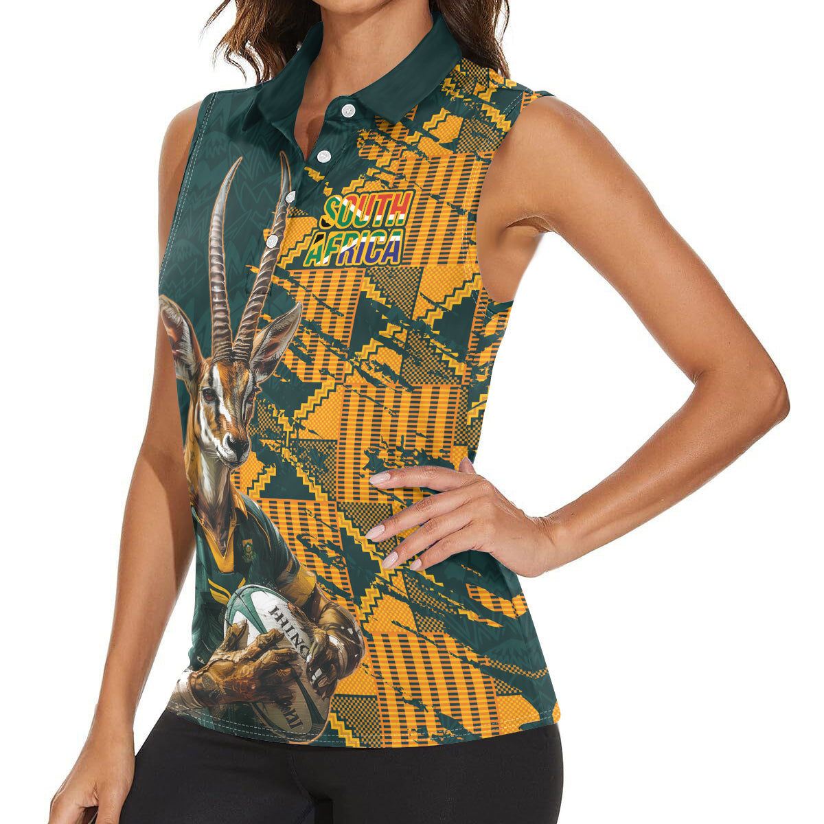 Custom South Africa Rugby Women Sleeveless Polo Shirt The Springboks Mascot Sporty Version