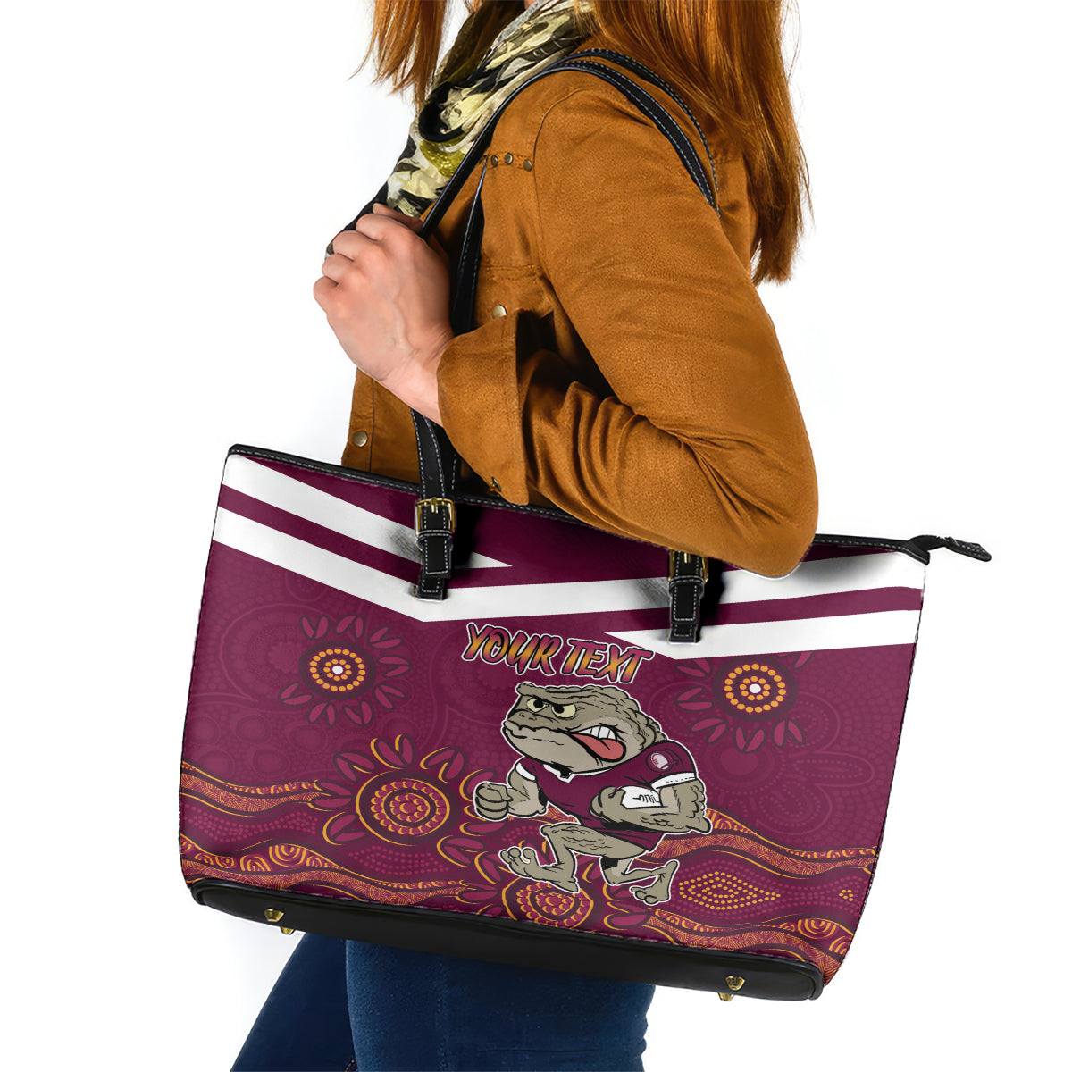 Custom QLD Maroons Cane Toad Blooded Aboriginal Inspired Leather Tote Bag