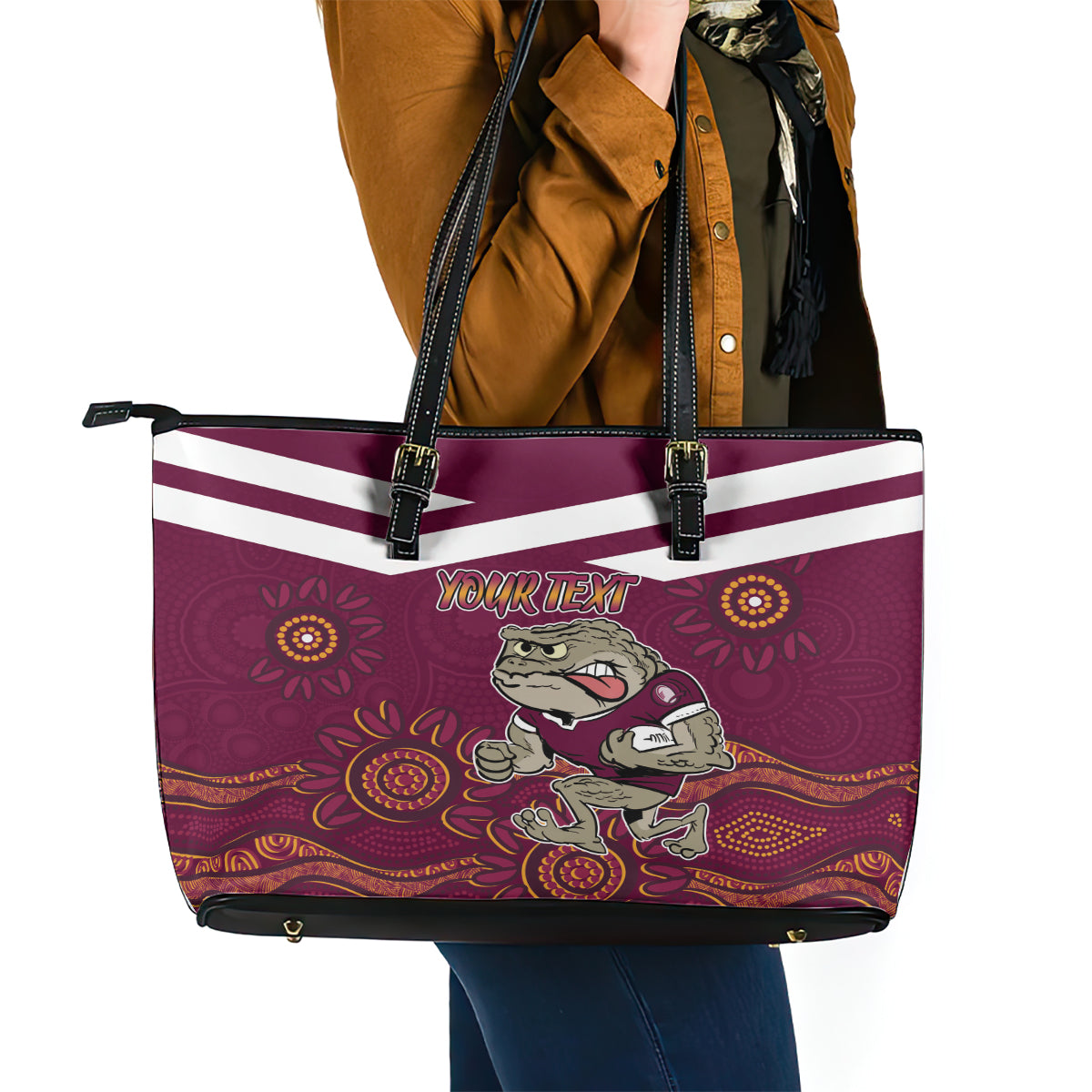 Custom QLD Maroons Cane Toad Blooded Aboriginal Inspired Leather Tote Bag