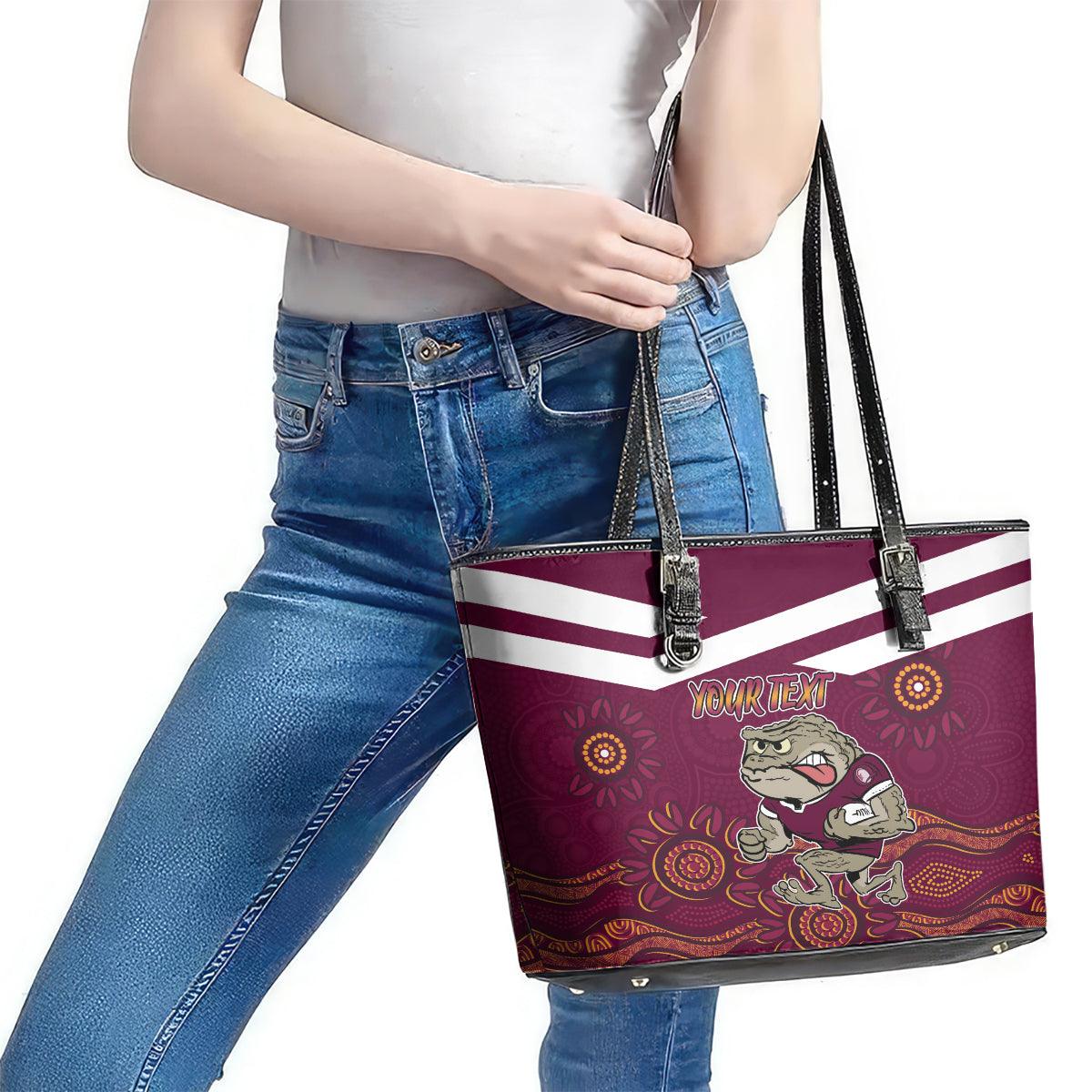 Custom QLD Maroons Cane Toad Blooded Aboriginal Inspired Leather Tote Bag