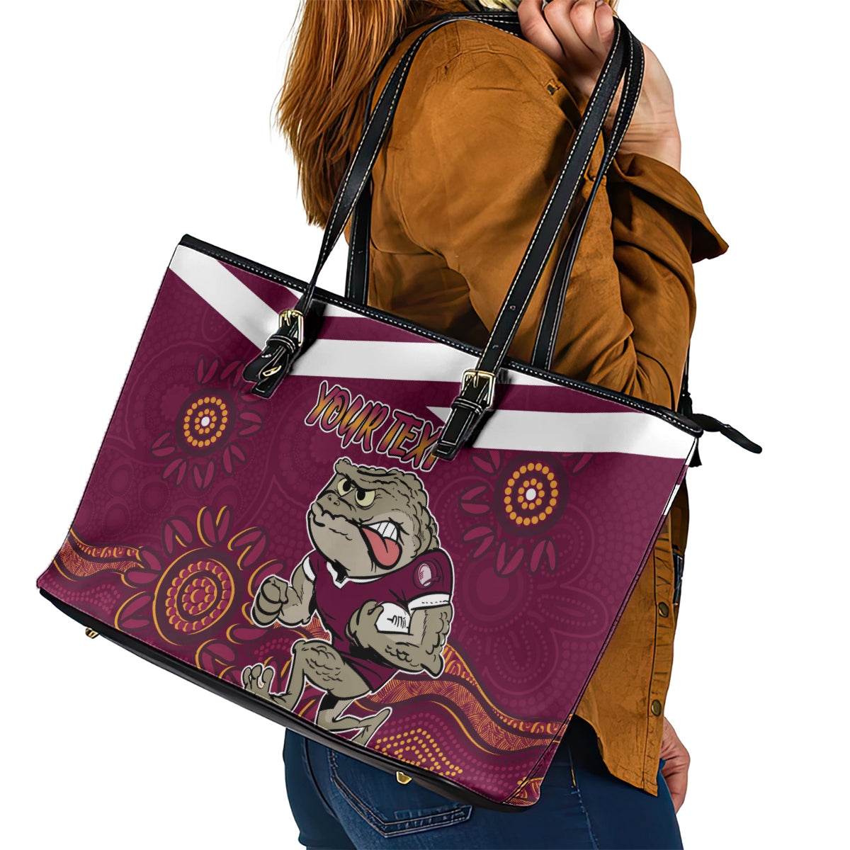 Custom QLD Maroons Cane Toad Blooded Aboriginal Inspired Leather Tote Bag