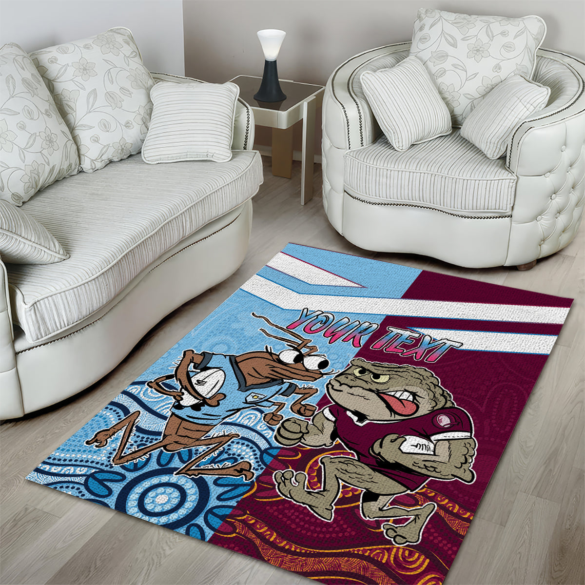 Custom QLD Cane Toad and NSW Cockroach Area Rug Aboriginal Inspired Together