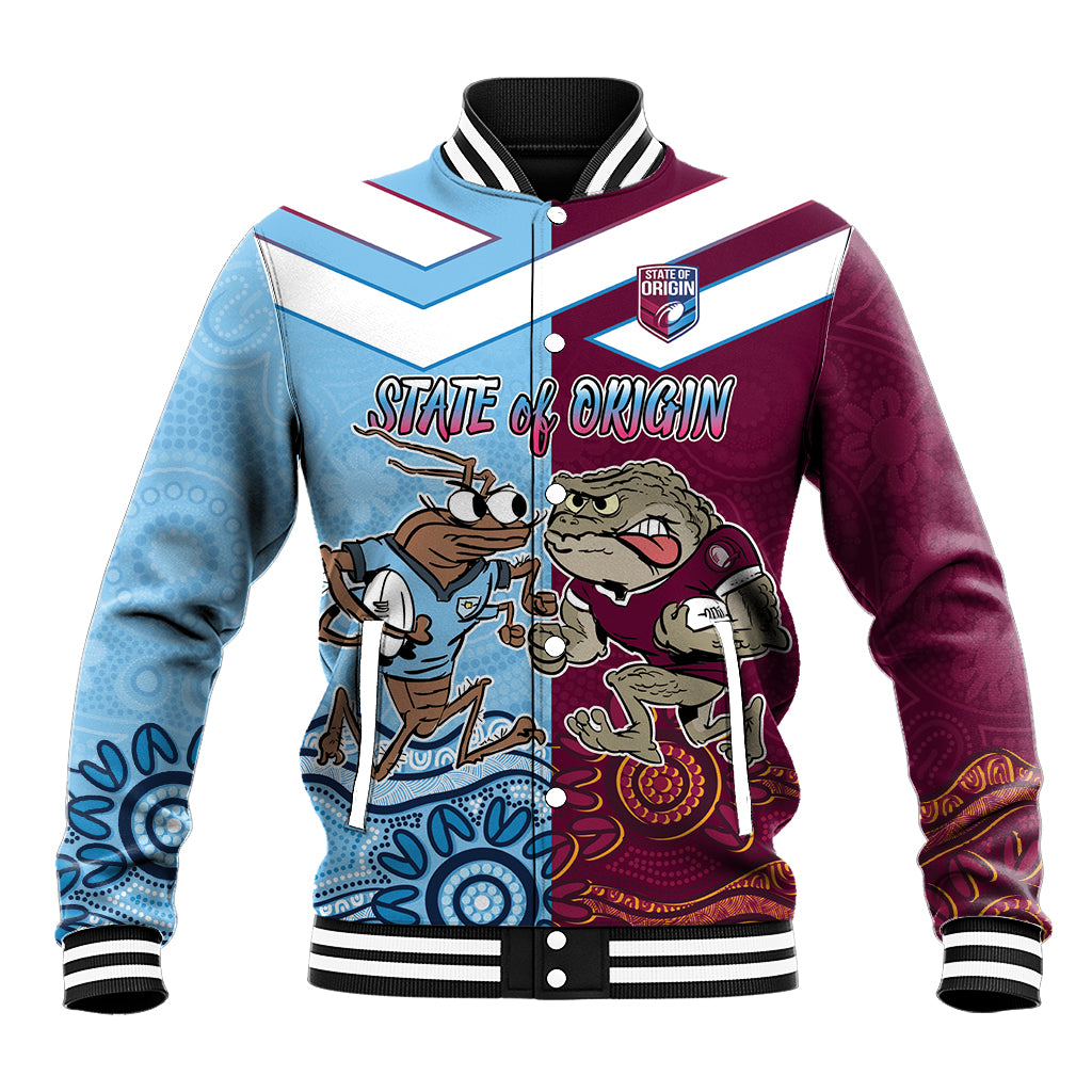 Custom QLD Cane Toad and NSW Cockroach Baseball Jacket Aboriginal Inspired Together