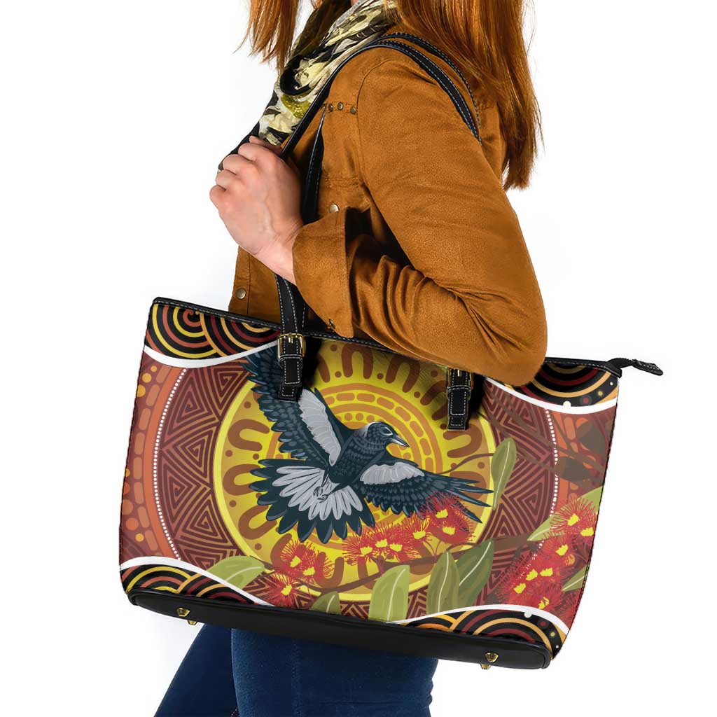 Aboriginal Magpies Dots Art Leather Tote Bag Native Australian Animals