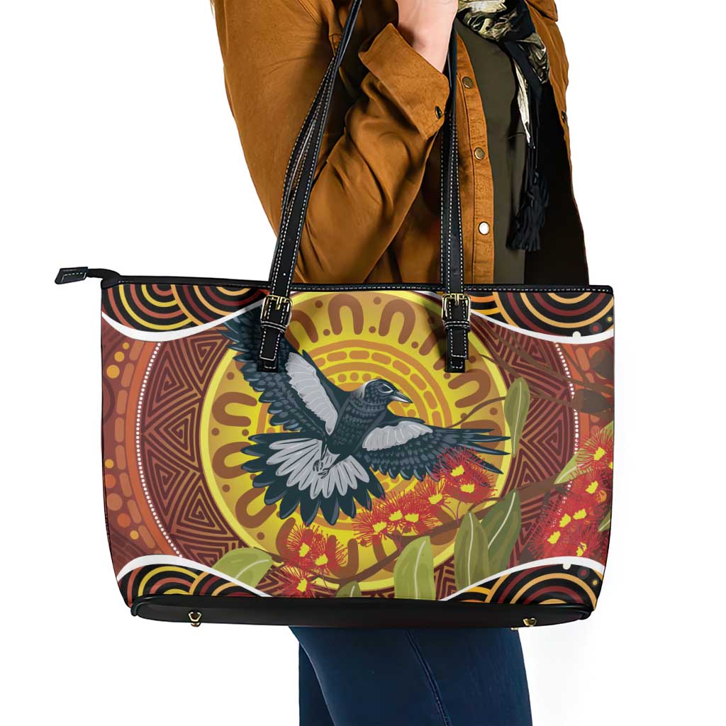 Aboriginal Magpies Dots Art Leather Tote Bag Native Australian Animals