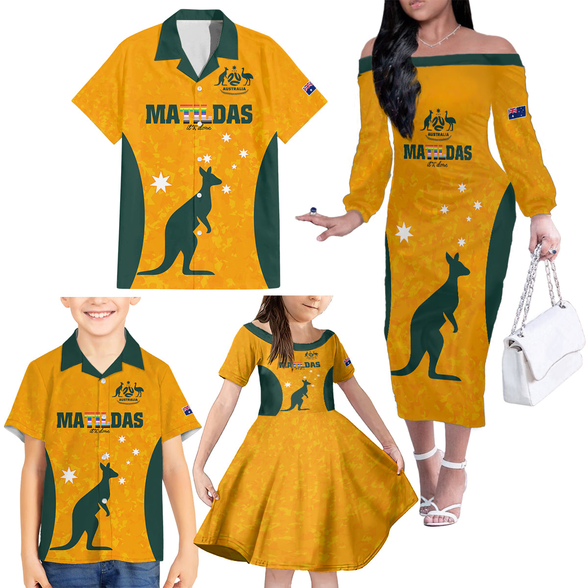 custom-australia-matildas-pride-with-kangaroo-family-matching-off-shoulder-long-sleeve-dress-and-hawaiian-shirt