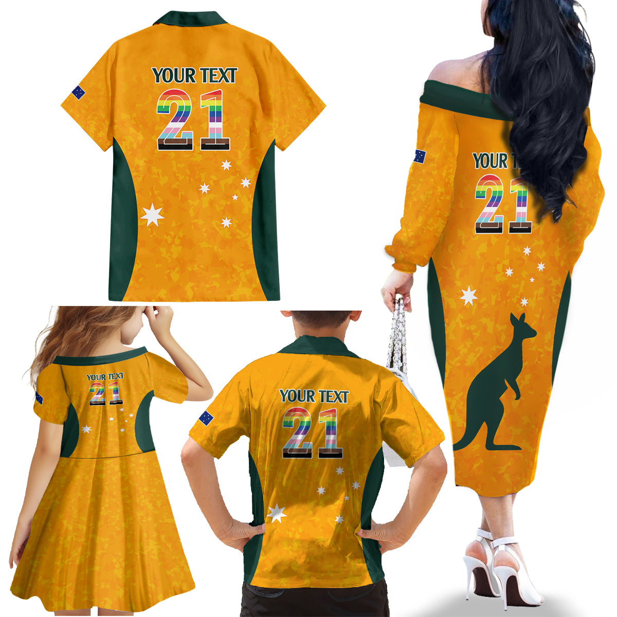 custom-australia-matildas-pride-with-kangaroo-family-matching-off-shoulder-long-sleeve-dress-and-hawaiian-shirt