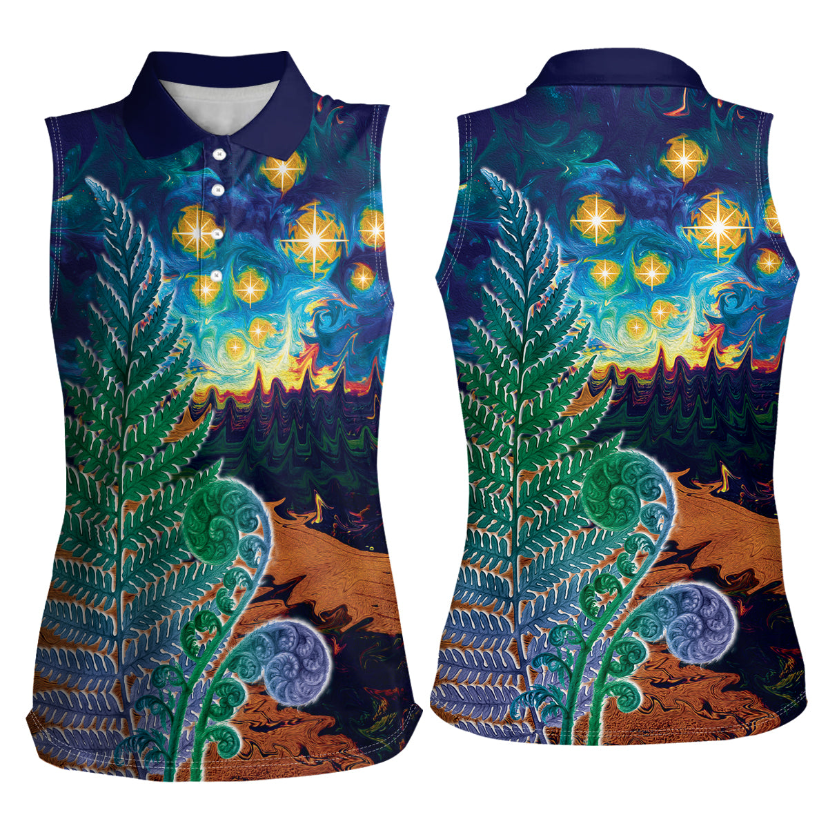 Personalised New Zealand Matariki Art Star Women Sleeveless Polo Shirt Koru Fern Night Starry Sky