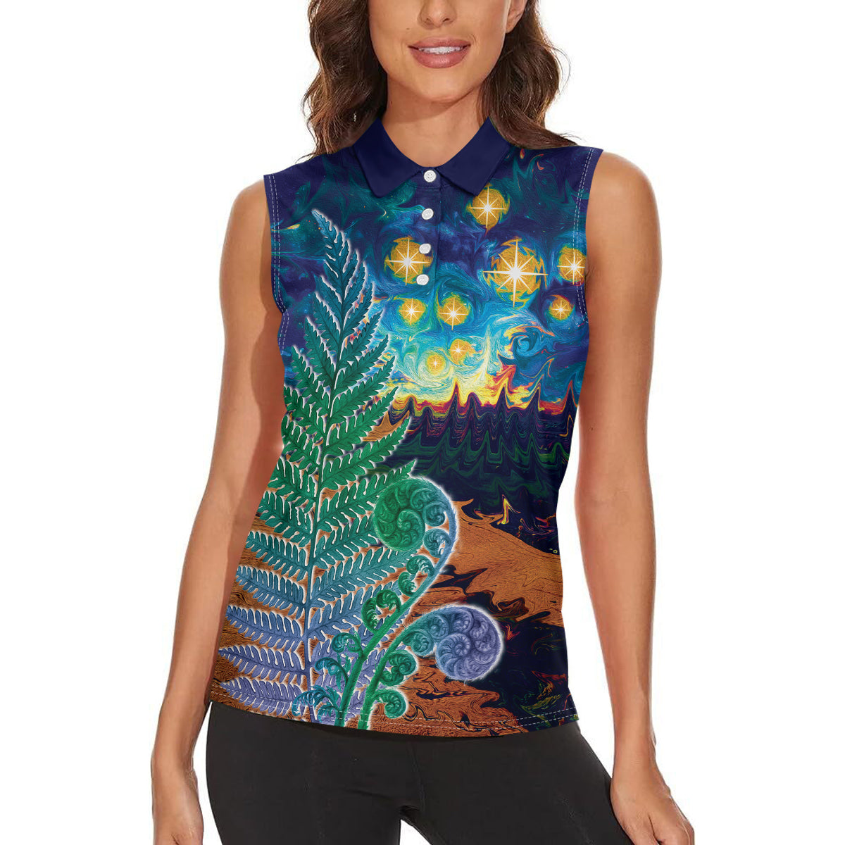 Personalised New Zealand Matariki Art Star Women Sleeveless Polo Shirt Koru Fern Night Starry Sky