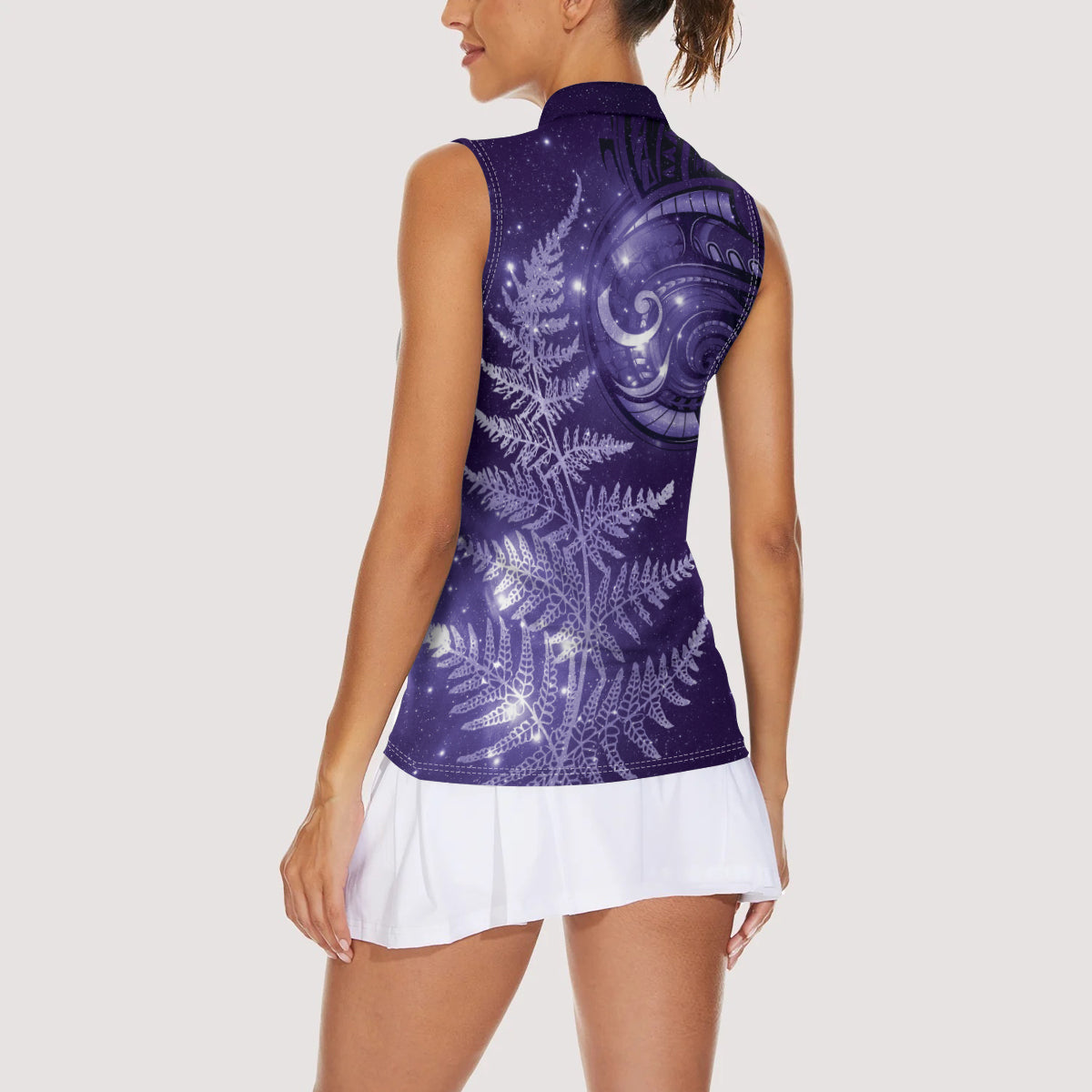 New Zealand Matariki Women Sleeveless Polo Shirt Purple Milky Way Stars Night Sky