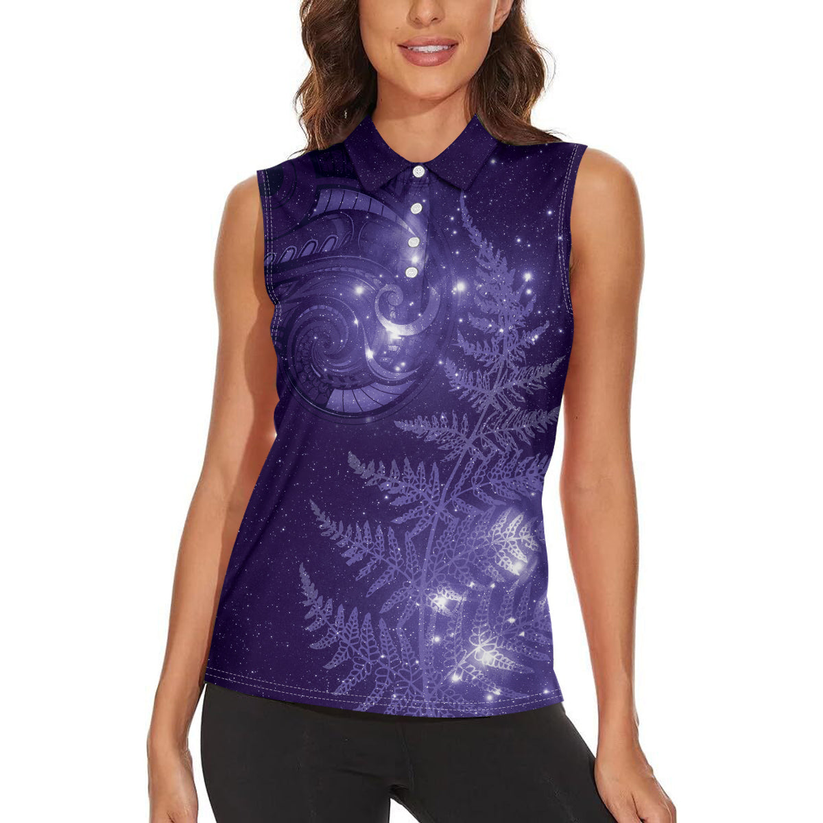 New Zealand Matariki Women Sleeveless Polo Shirt Purple Milky Way Stars Night Sky