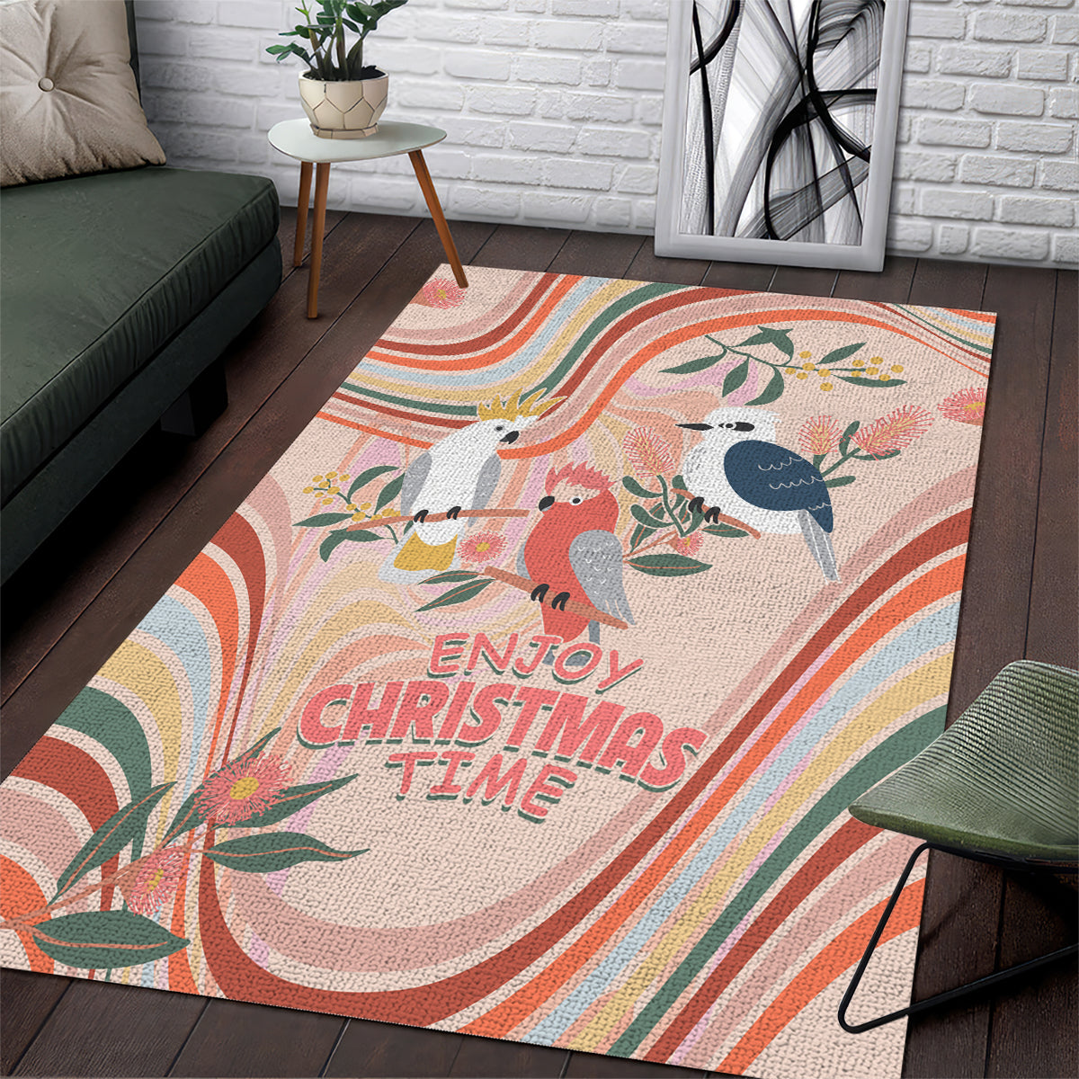 australia-hippie-christmas-area-rug-cockatoo-kookaburra-with-wattle-pink-peach-style