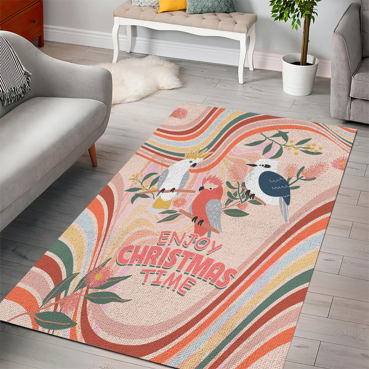 australia-hippie-christmas-area-rug-cockatoo-kookaburra-with-wattle-pink-peach-style