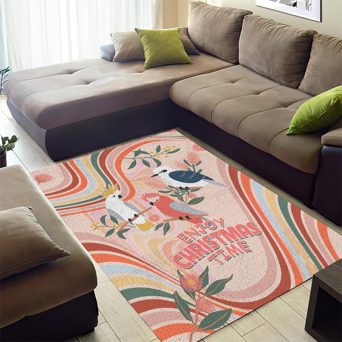 australia-hippie-christmas-area-rug-cockatoo-kookaburra-with-wattle-pink-peach-style