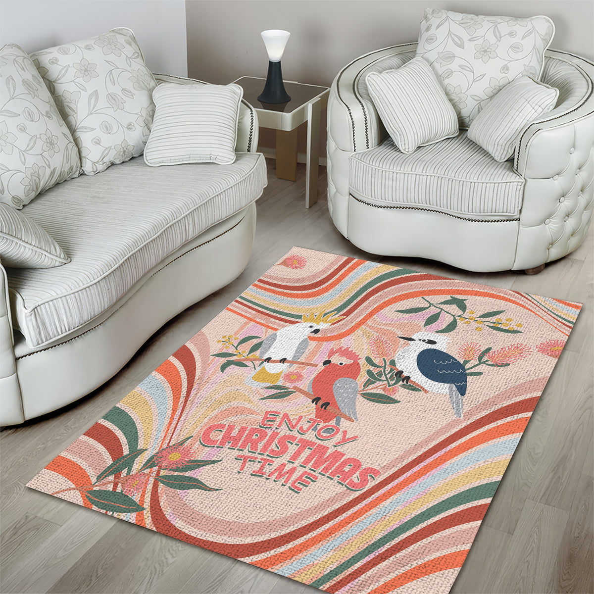 australia-hippie-christmas-area-rug-cockatoo-kookaburra-with-wattle-pink-peach-style