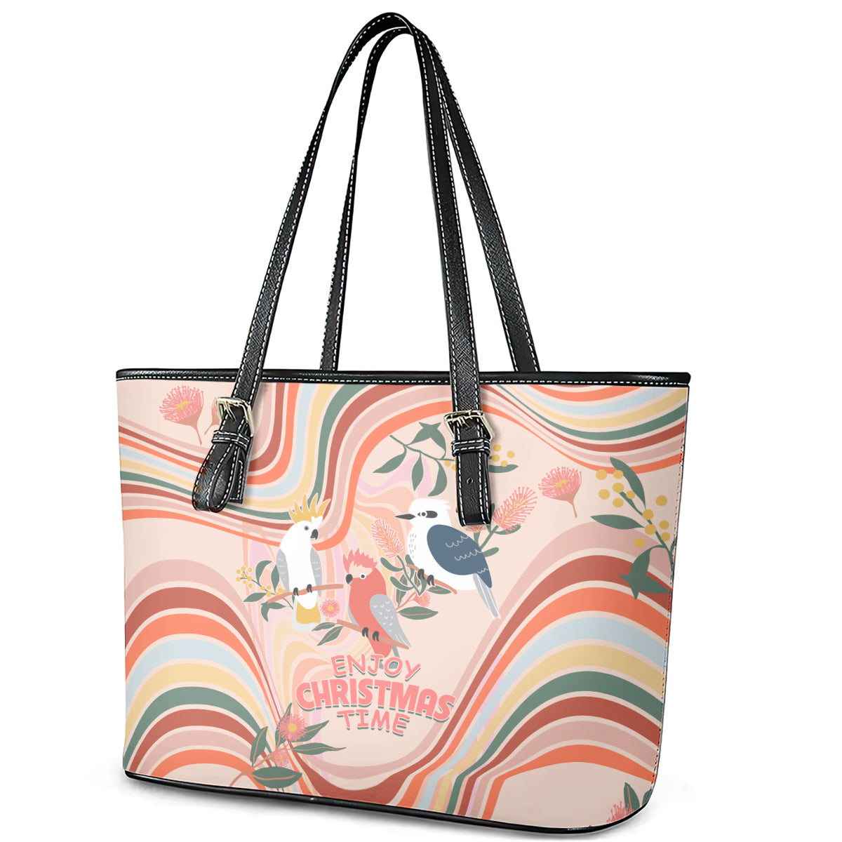 australia-hippie-christmas-leather-tote-bag-cockatoo-kookaburra-with-wattle-pink-peach-style